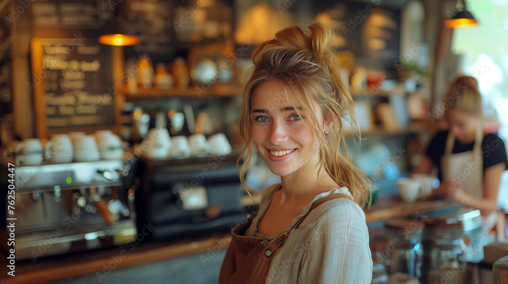 Portrait of a young woman working in a cafe bar.