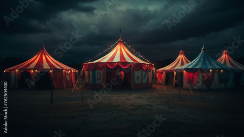 Haunted circus at stormy night in style of horror movie scene