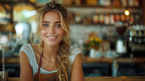 Portrait of a young woman working in a cafe bar.