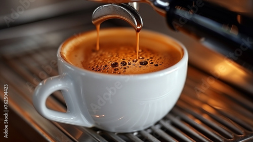 Closeup of an espresso cup under a coffee machine.