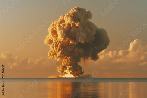 Nuclear bomb exploding over ocean water at sunset © aerogondo