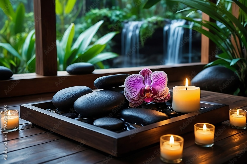 Illustration showcasing a dark spa setting with massage stones arranged on dark wooden trays, surrounded by shimmering tealight candles and exotic orchids, against a backdrop. Illustration showcasing a dark spa setting with massage stones arranged on dark wooden trays, surrounded by shimmering tealight candles and exotic orchids, against a backdrop.