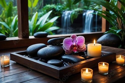Illustration showcasing a dark spa setting with massage stones arranged on dark wooden trays  surrounded by shimmering tealight candles and exotic orchids  against a backdrop.