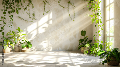 Indoor garden with sunlight casting shadows on a white wall