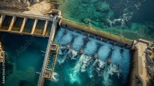 Top-down perspective of a coastal water break structure with turbulent water churning through its barriers, juxtaposed against calm seas.