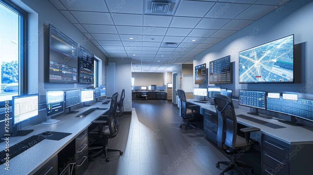 Obraz premium Control room with advanced computer workstations and large screen displays showing data and analytics.