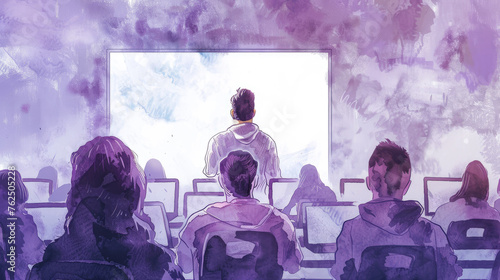 Teacher's Day Celebration. Abstract Purple Watercolor Oil Painting Sketch Art Drawing Graffiti Background. Teacher Gives Speech to Seated Students. Copy Space for Banner or Poster
