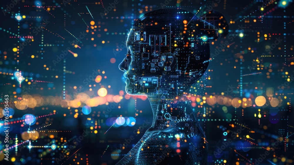 Digital human profile with integrated circuit elements depicting technology, computing, and artificial intelligence