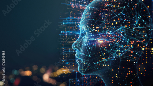 Detailed digital human head with a visual representation of network connections and data flows relating to AI