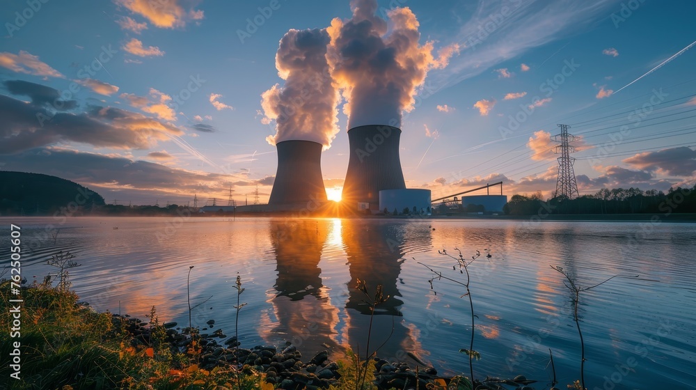 The sun rises directly behind the cooling towers of a power station, casting a warm glow across the calm river surface.
