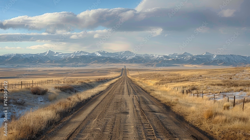 A long dirt road leading through a vast, open prairie towards distant snowy mountains under a dramatic cloudy sky.