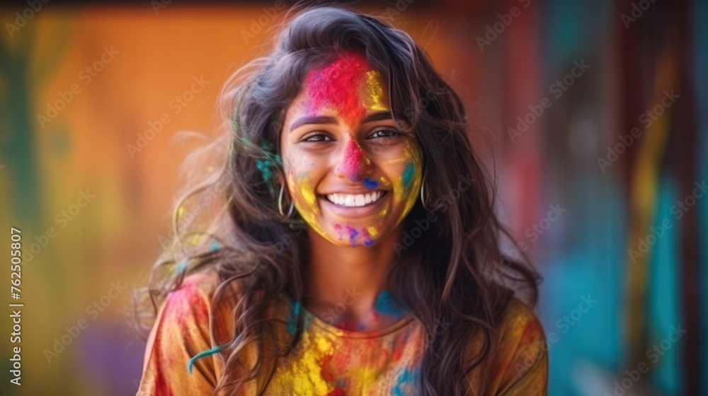 Holy Festival, Portrait of happy young Indian woman with face covered with Holi paint Holy Festival, Portrait of happy young Indian woman with face covered with Holi paint