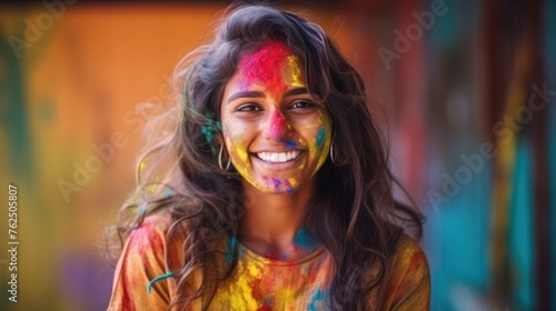 Holy Festival, Portrait of happy young Indian woman with face covered with Holi paint © AI BLONDY