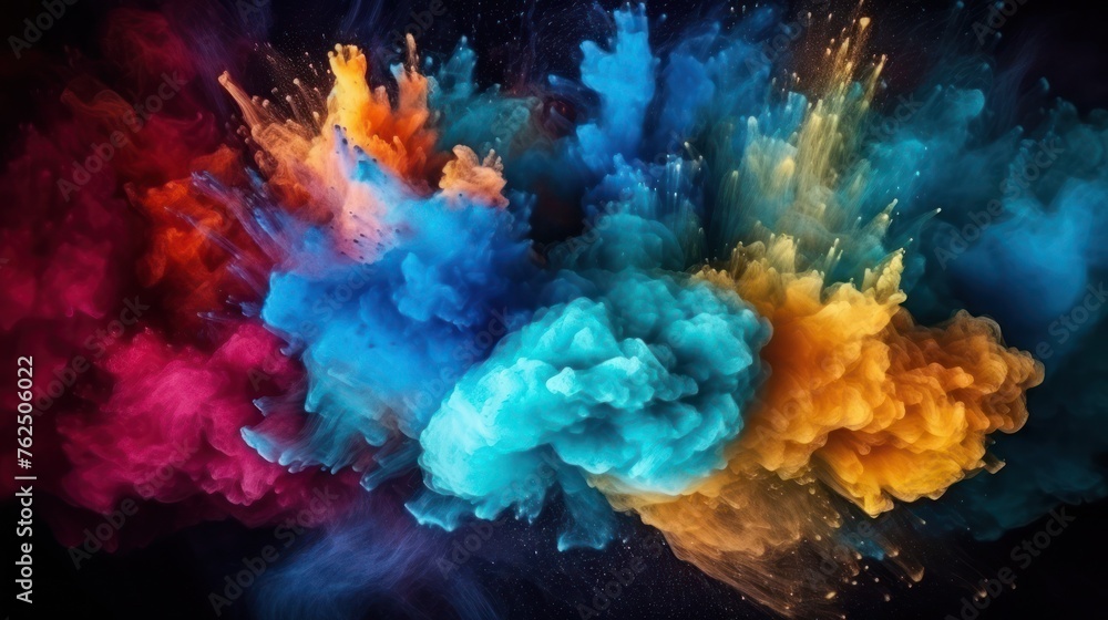 Holi festival, colorful explosion of colored smoke on a black background