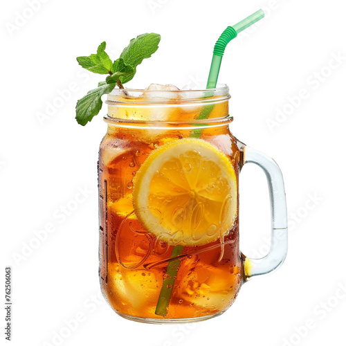 A refreshing iced tea in a mason glass, green straw, isolated on transparent background.