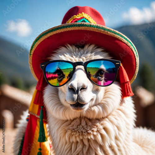 Portrait of cute smiling llama in colourful hat and sunglasses