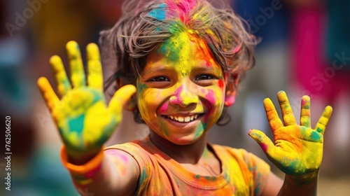 Portrait of a cute little boy playing with colorful holy paint