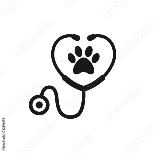 Stethoscope with animal paw print symbol. Pet, Dog, Cat health care icon. Veterinary medicine logo, Vector illustration.