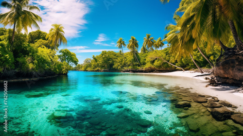 An HDR image of a tropical lagoon with turquoise water, surrounded by lush vegetation and a white sandy beach under a clear blue sky.