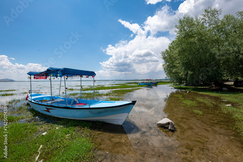 Decorated day-trip boats in Isikli Lake in Denizli's Civril district. Isıkli Lake is flooded with visitors during lotus time. It is also a popular lake for hunters.