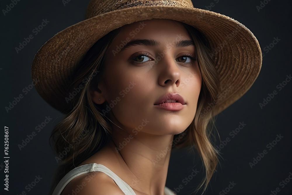 Portrait showcasing the side profile of a beautiful girl wearing a hat, her features delicately outlined against a studio backdrop.