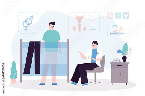 Man with health problems erection or erectile dysfunction on medical examination with andrologist. Medical care, patient talk with doctor in office room.