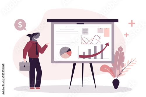 Business shark, successful boss, salesman, manager presenting growing charts. Business analytics. Confident man in suit with fish head. Office worker. Strong powerful businessman
