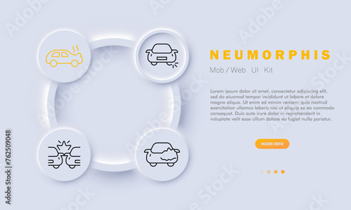 Car accident icon set. Smoke, wood, fire, collision, damage, slope. Neomorphism style. Vector line icon for business and advertising