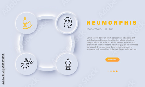 Medicinal marijuana icon set. Medicine, cannabis, pain, therapy, pharmacy, law, oncology, chronic prescription, control, spasms. Neomorphism style. Vector line icon for business and advertising