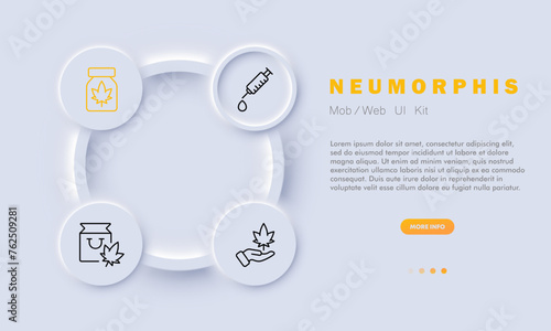 Medicinal marijuana icon set. Medicine, syringe, cannabis, pain, therapy, pharmacy, law, oncology, chronic prescription. Neomorphism style. Vector line icon for business and advertising