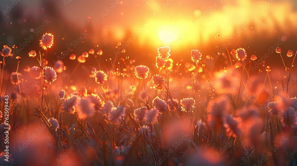 Sunrise over a field of white flowers creating a warm and peaceful atmosphere