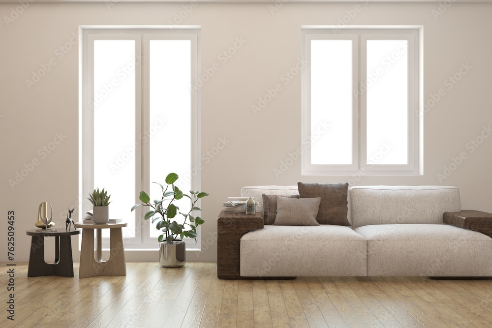 Fototapeta premium White living room with sofa. Scandinavian interior design. 3D illustration