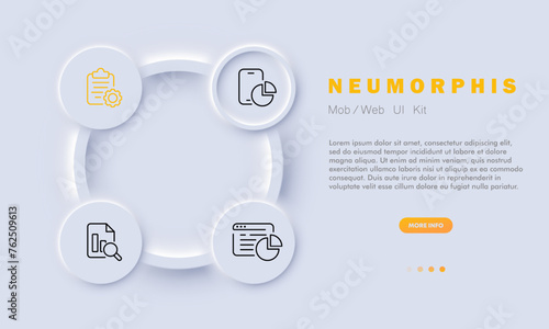 Graph set line icon. Economics, search, smartphone, diagram, pie chart, website, minitor, data analysis. Neomorphism style. Vector line icon for business and advertising photo