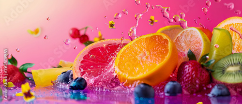 A colorful fruit salad with a splash of water  fruits are arranged in a visually appealing manner