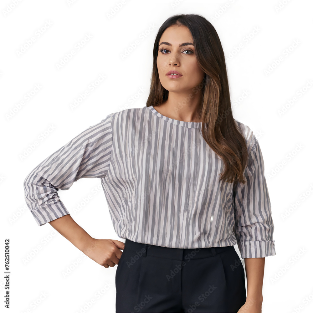 business woman wearing white and black lined shirt isolated on transparent background