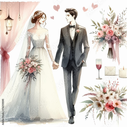 watercolor bride and groom with wedding bouquet