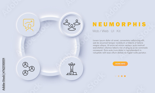 Teamwork set line icon. Headphones, video hosting, website, communication, advanced training, exchange of experience. Neomorphism style. Vector line icon for business and advertising