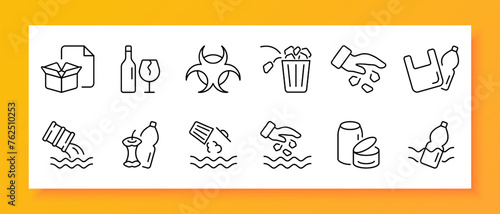 Garbage icon set. Toxic waste, tank, plastic bottle, organic waste, water, lake, river. Black icon on a white background. Vector line icon for business and advertising