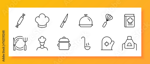Kitchen icon set. Povor's cap, rolling pin, plate, knife, fork, oven mitt, apron, recipe book. Black icon on a white background. Vector line icon for business and advertising