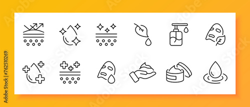 Cosmetics icon set. Mask, drop, treatment, healing, rejuvenation, natural ingredients, cream. Black icon on a white background. Vector line icon for business and advertising