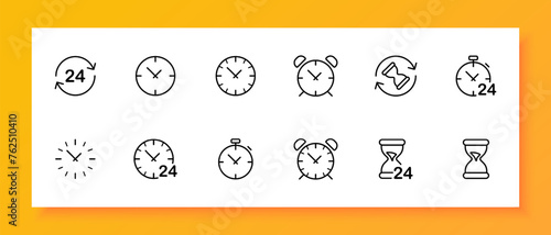 Clock icon set. Alarm clock, bell, time, early rise, hourglass, timer, measurement, physics, science, watchmaker. Black icon on a white background. Vector line icon for business and advertising