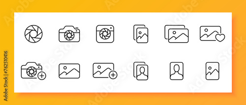 Camera icon set. Frame, gallery, selfie, snapshot, smartphone, photographer, composition, flash. Black icon on a white background. Vector line icon for business and advertising