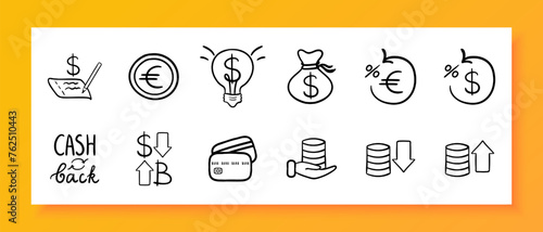 Banking icon set. Coins, finance, currency, bank card, dollar, euro, cashback, banknote exchange. Black icon on a white background. Vector line icon for business and advertising