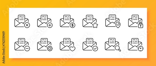 Mail icon set. Cross, plus, dollar, asterisk, favorites, GPS tag, lock, password, minus, gear. Black icon on a white background. Vector line icon for business and advertising