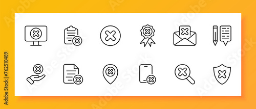 Cancel icon set. Monitor, list, cross, medal, mail, shield, file, smartphone, gps label. Black icon on a white background. Vector line icon for business and advertising