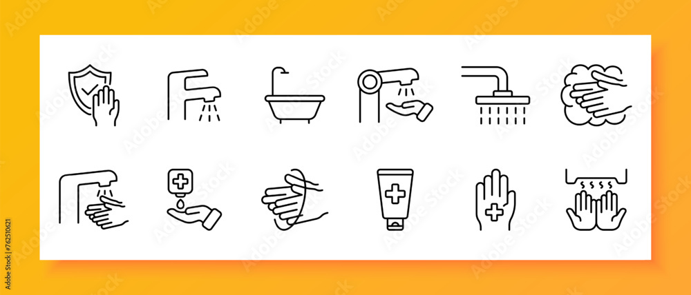 Fototapeta premium Cleaning icon set. Bath, shower, liquid soap, water, faucet, pipeline, drying, ointment. Black icon on a white background. Vector line icon for business and advertising