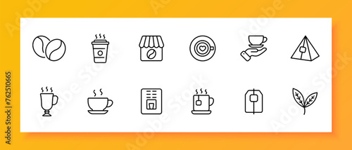 Coffee icon set. Grain, glass, strength, bench, tea, glass, apparatus, pyramid, sprout. Black icon on a white background. Vector line icon for business and advertising