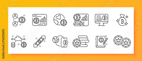 Banking icon set. Bitcoin, blockchain, cryptocurrency, investments, course, smartphone, application, book, pencil. Black icon on a white background. Vector line icon for business and advertising