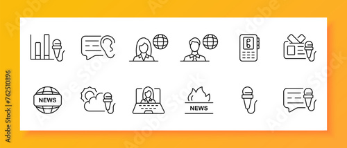 News icon set. Microphone, schedule, reporter, message, ticker, audience, prime time. Black icon on a white background. Vector line icon for business and advertising