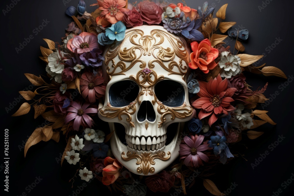 Mysterious Skull mask flowers. Mexico decoration. Generate Ai